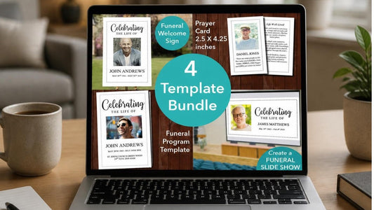 Laptop on a desk showing the 4 Page Classic funeral template bundle