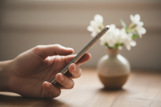 A hand holding a smartphone while editing a funeral program template.