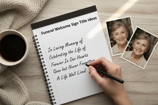 Drafting wording ideas for a funeral welcome sign, with a few phrases written on a notepad