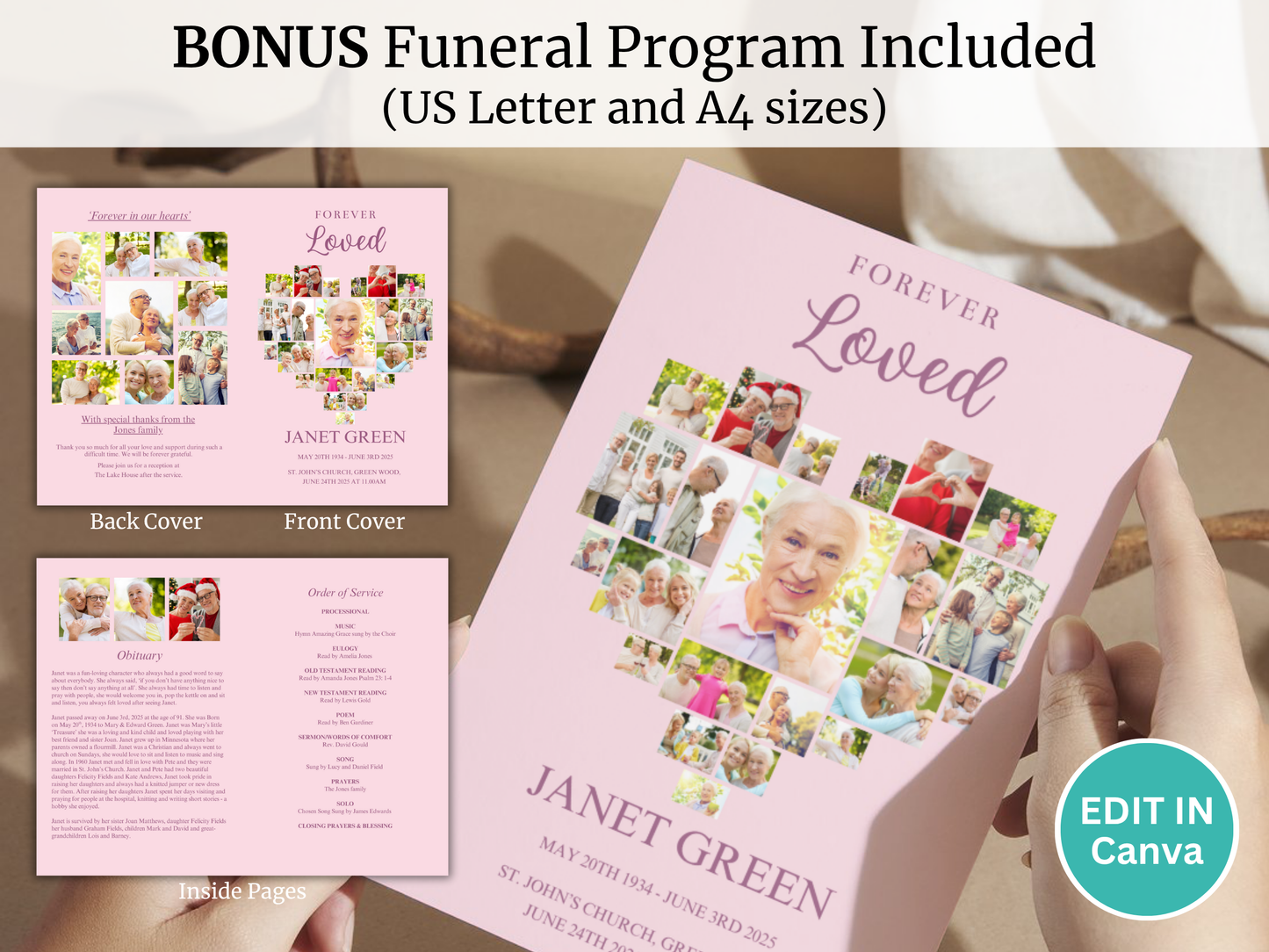 Pink Funeral Poster Bundle (Canva Templates)