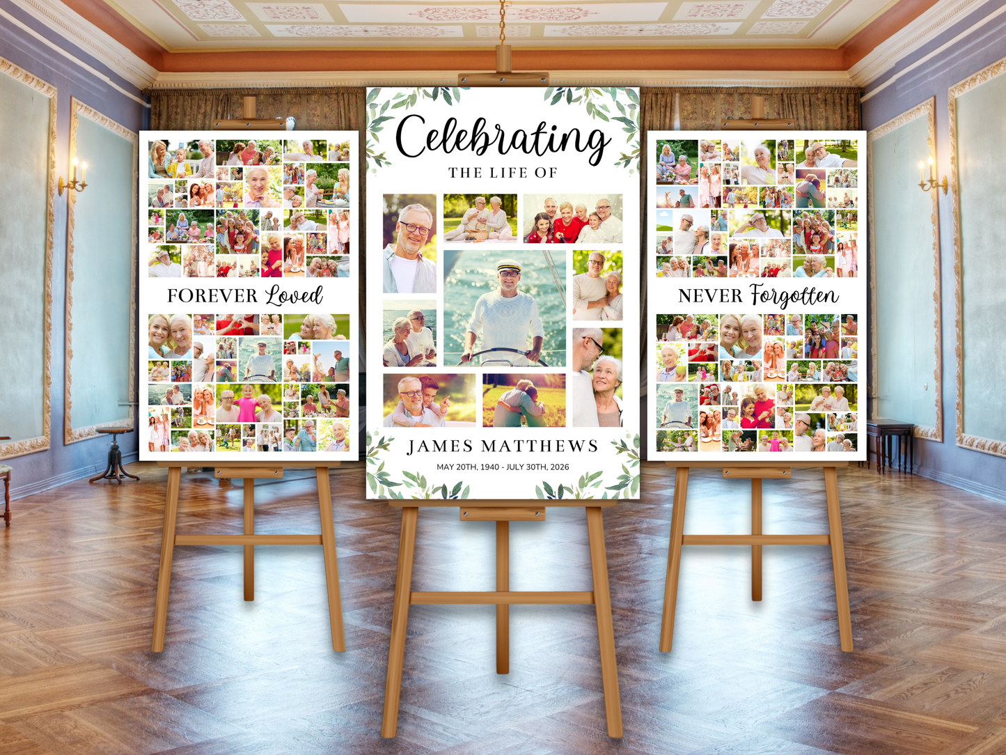 Green Leaf Funeral Poster Bundle (Canva Templates)