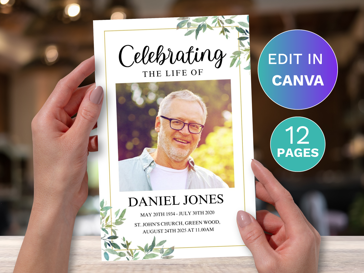 12 Page Green Leaf CANVA Funeral Program Template