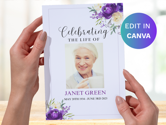 4 Page Purple Bloom CANVA Funeral Program Template