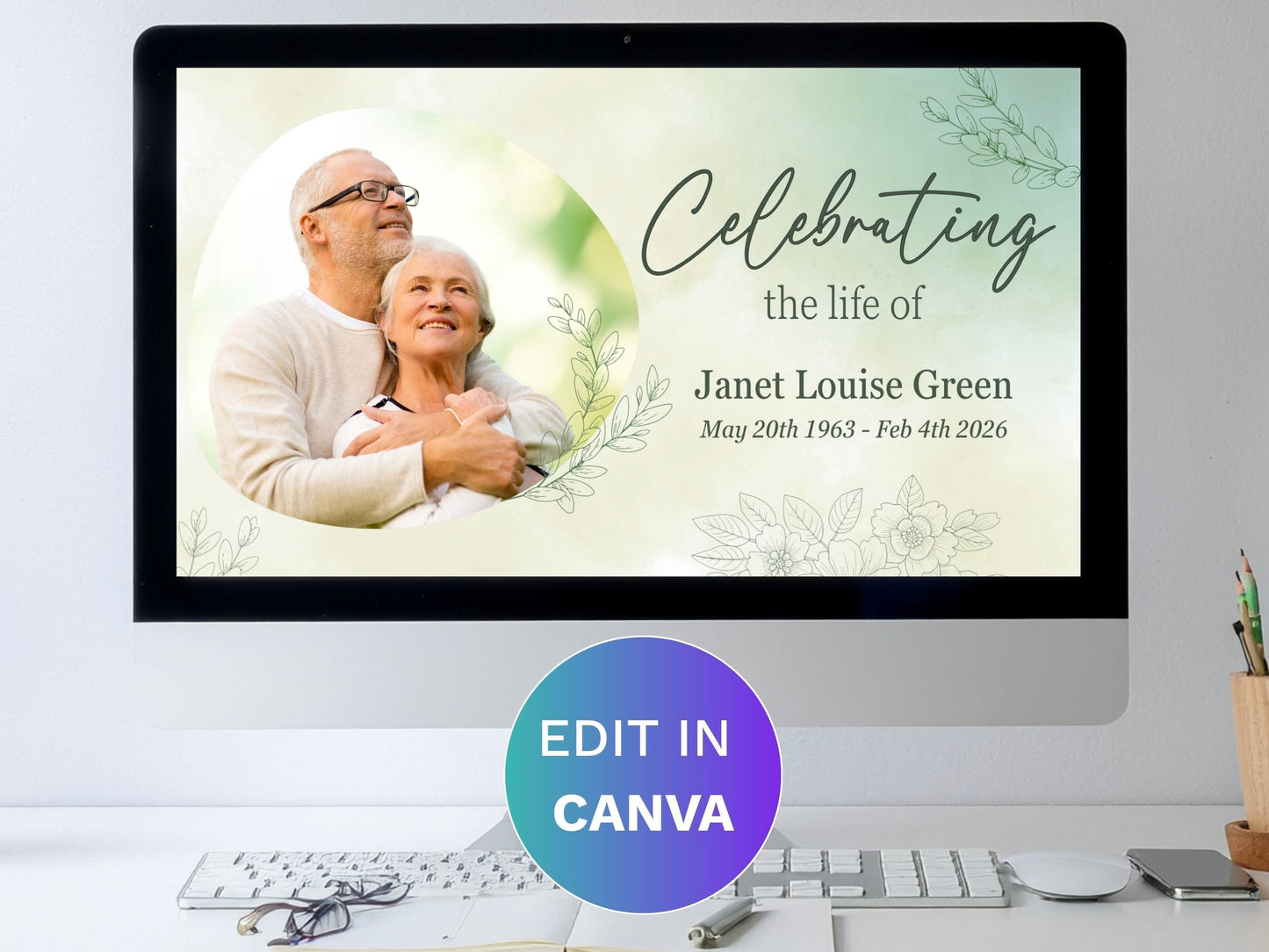 Canva Funeral Slideshow Template with Green Botanical Design