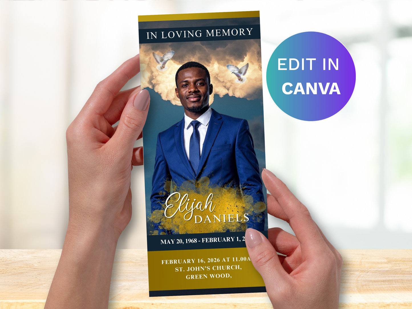 Trifold Gold Sky CANVA Funeral Program Template (Commercial License)
