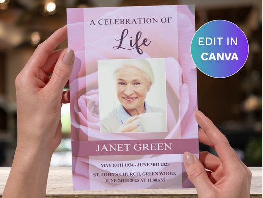 4 Page Pink Rose CANVA Funeral Program Template