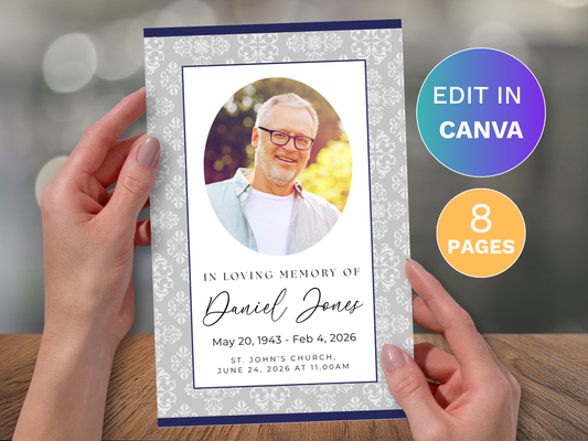 8 Page Grey Damask CANVA Funeral Program Template