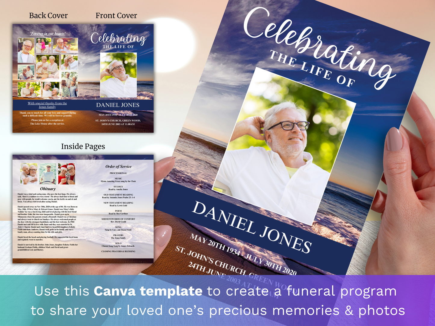 4 Page Waves CANVA Funeral Program Template