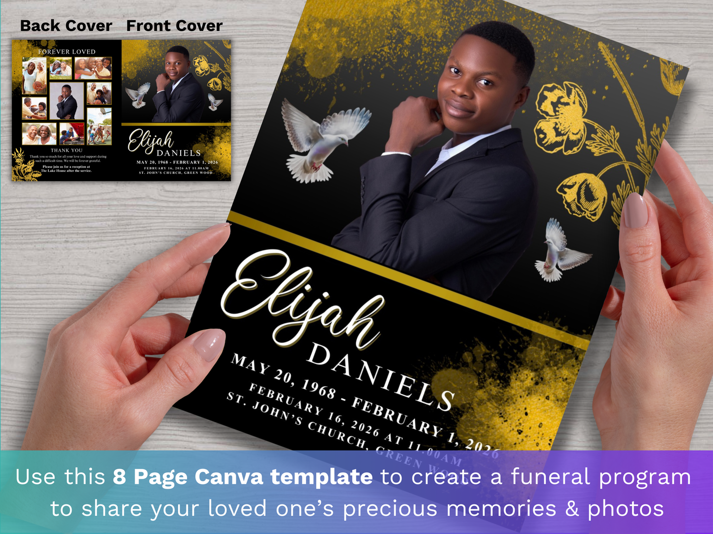 8 Page Black & Gold CANVA Funeral Program Template (11x17 inch)