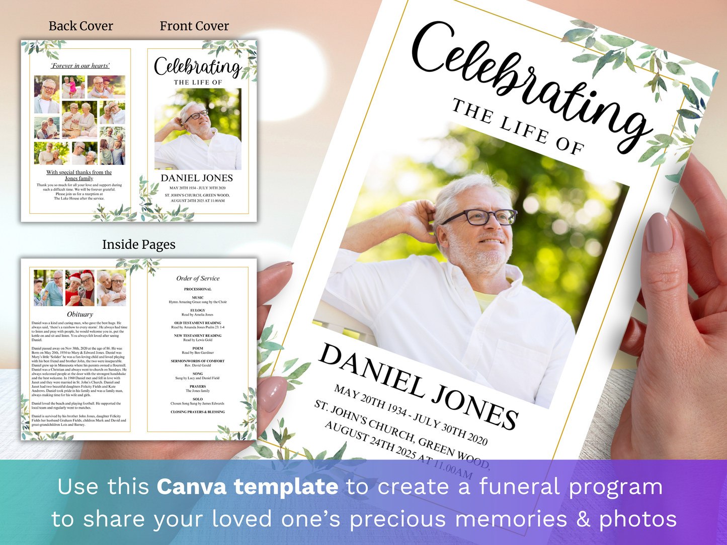4 Page Green Leaf CANVA Funeral Program Template