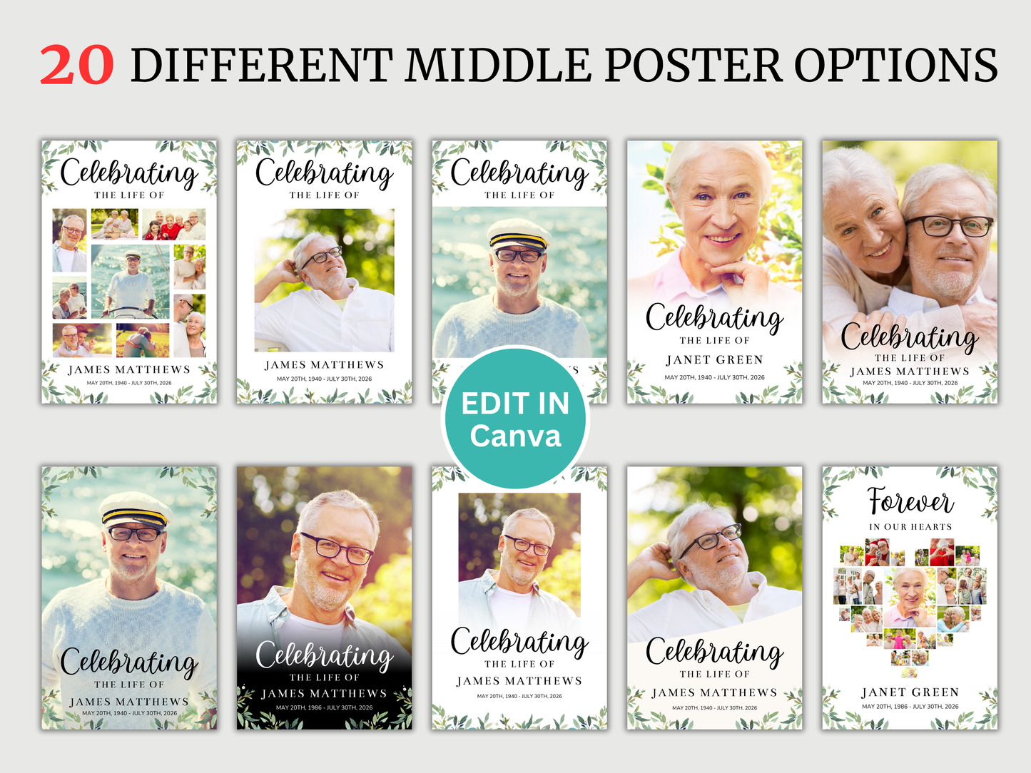 Green Leaf Funeral Poster Bundle (Canva Templates)