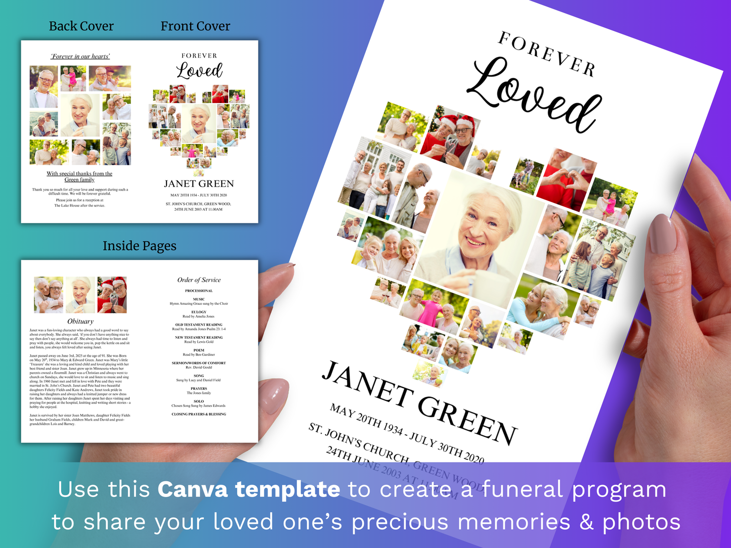 4 Page Heart Collage CANVA Funeral Program Template