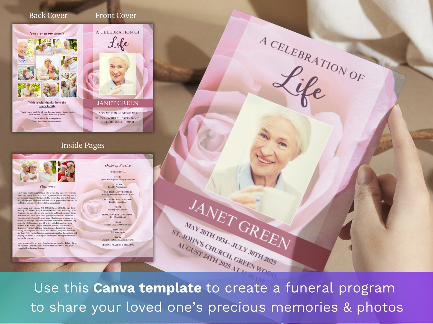 4 Page Pink Rose CANVA Funeral Program Template