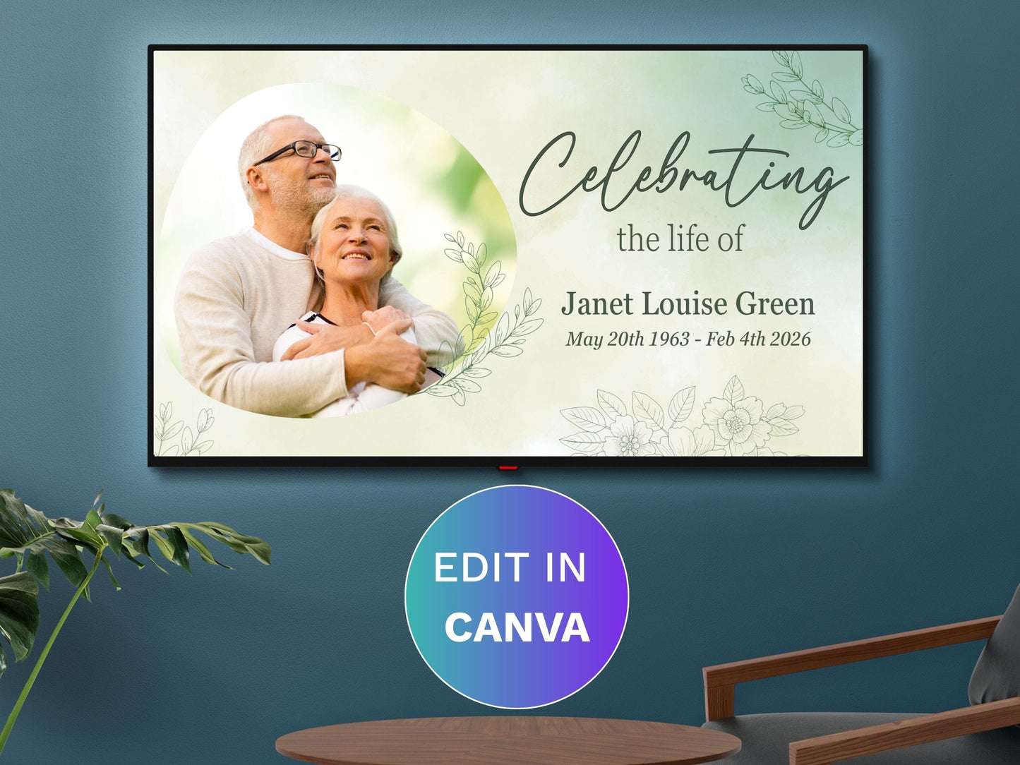 Canva Funeral Slideshow Template with Green Botanical Design