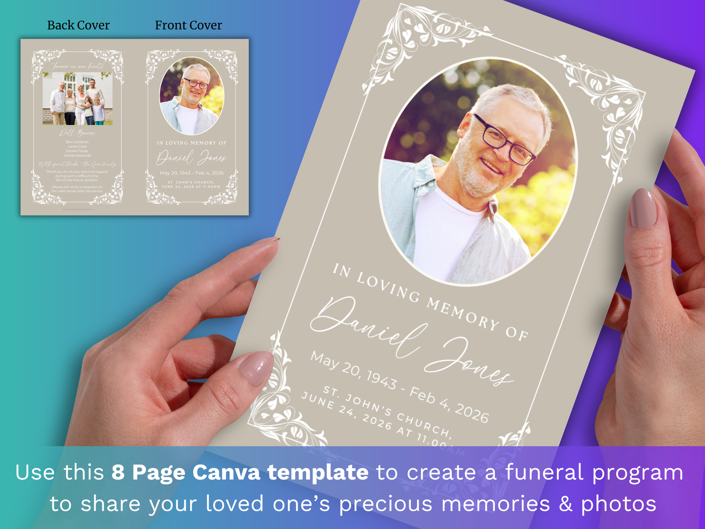 8 Page Flora Beige CANVA Funeral Program Template