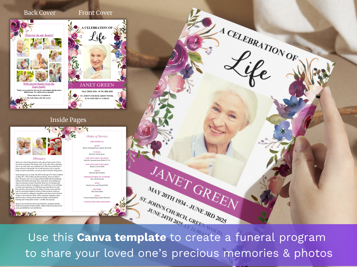 4 Page Floral Display CANVA Funeral Program Template