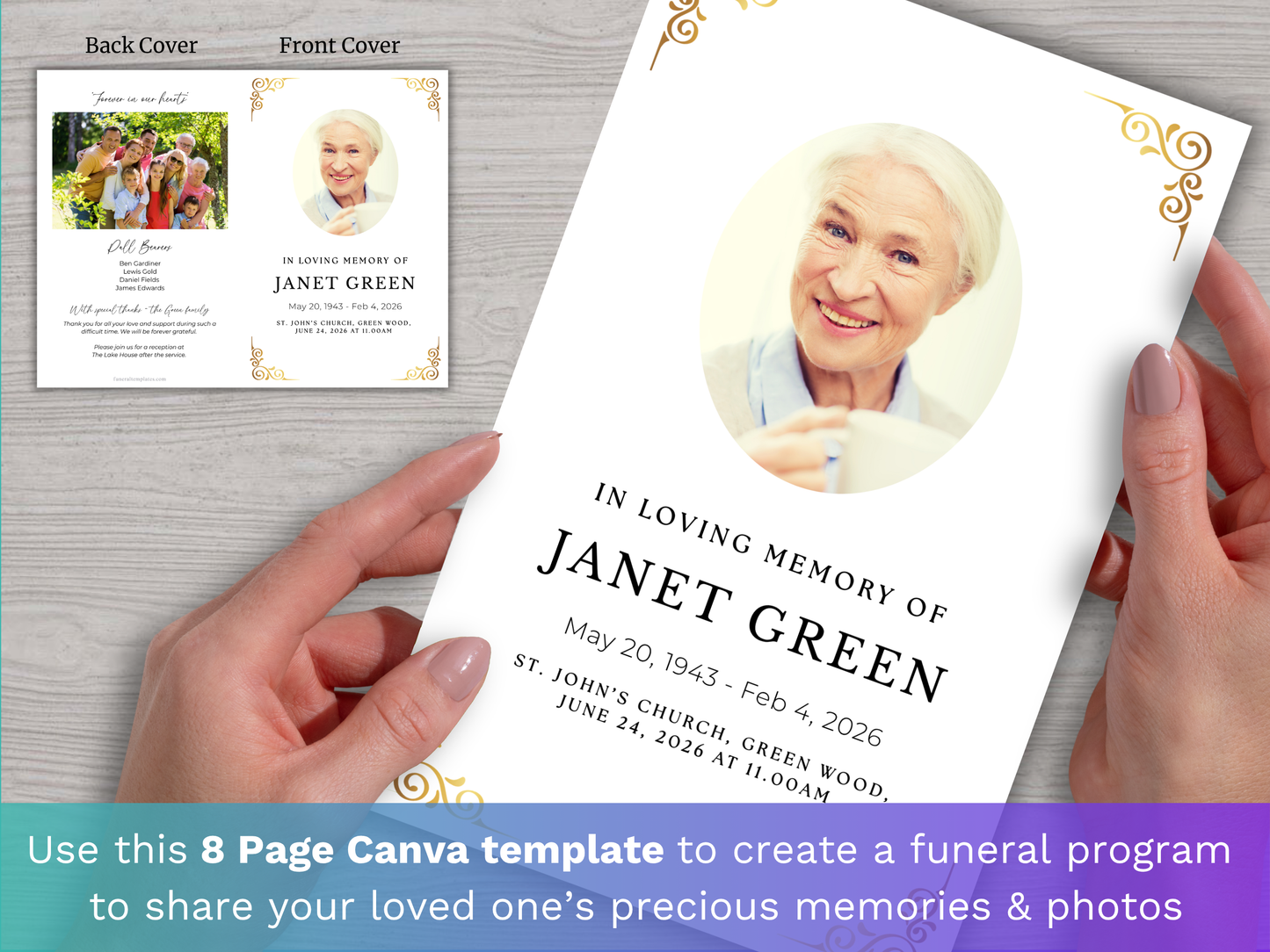 8 Page Gold Accents CANVA Funeral Program Template