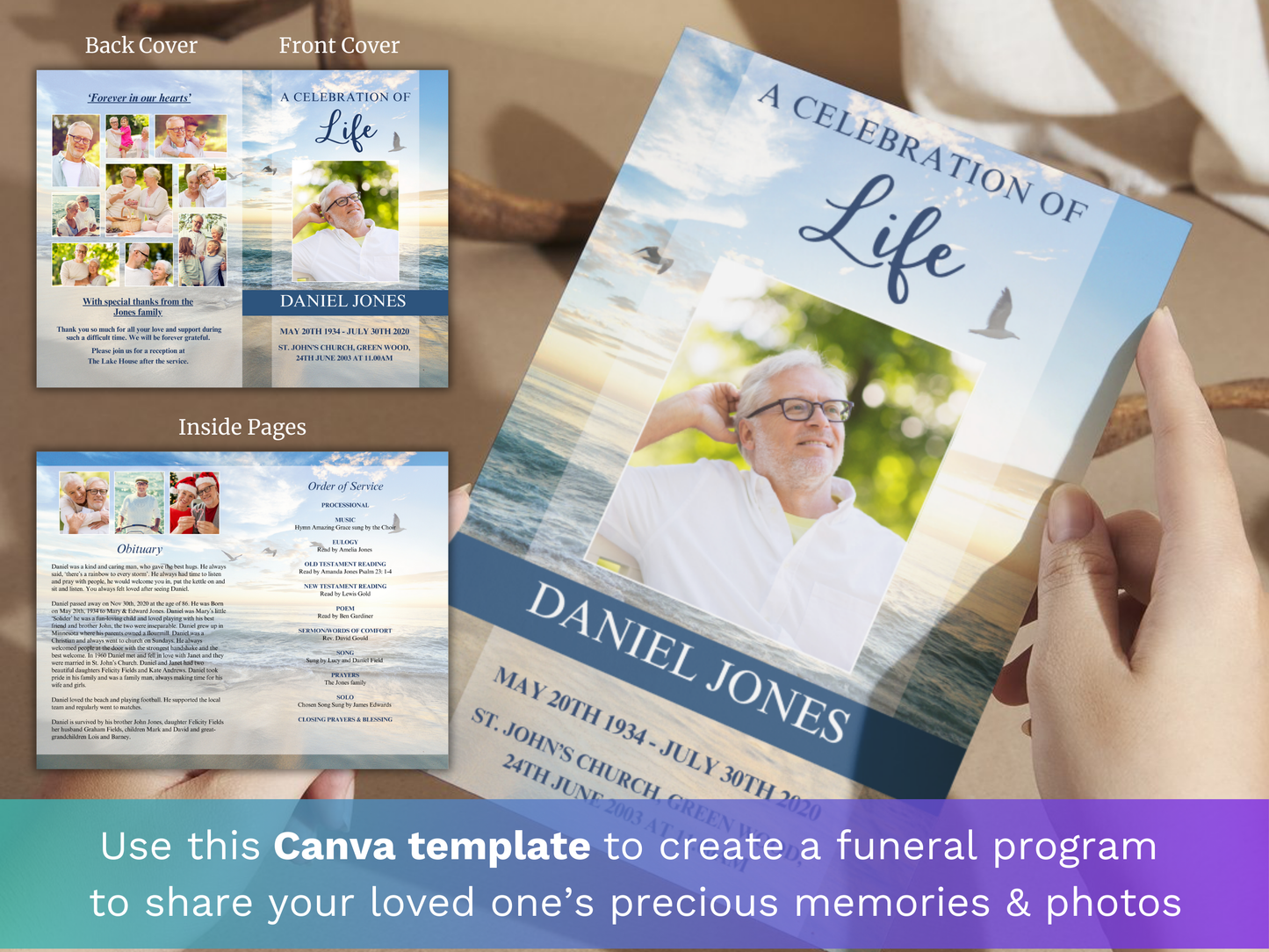 4 Page Beach CANVA Funeral Program Template
