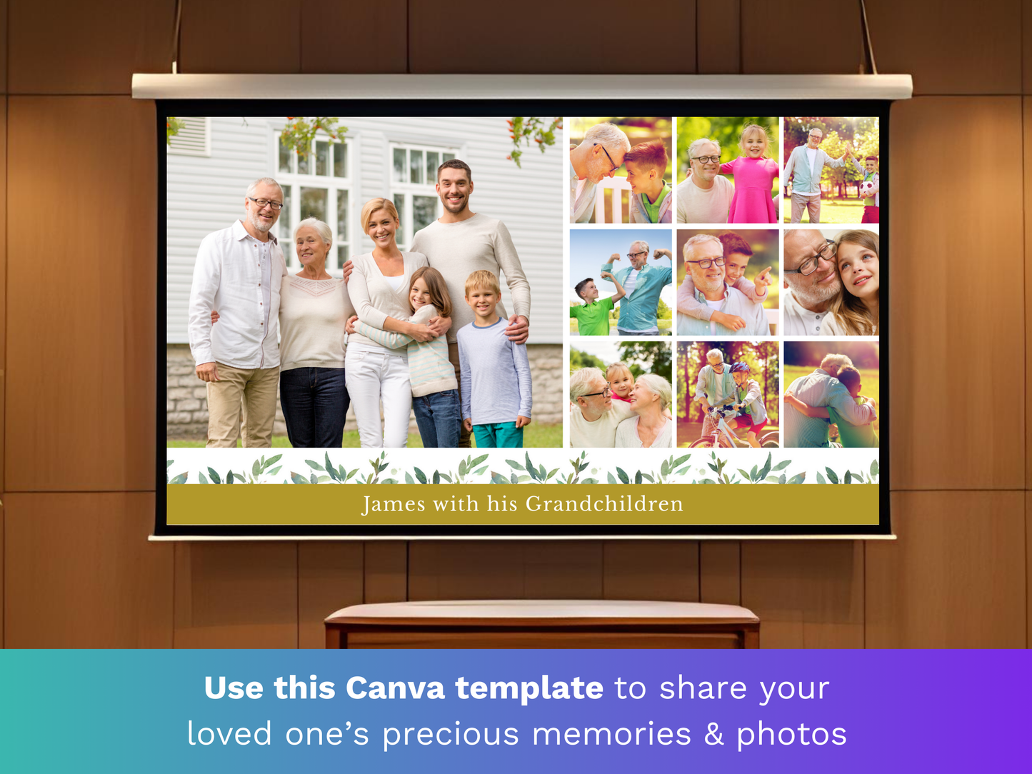 Canva Funeral Slideshow Template with Green Leaves