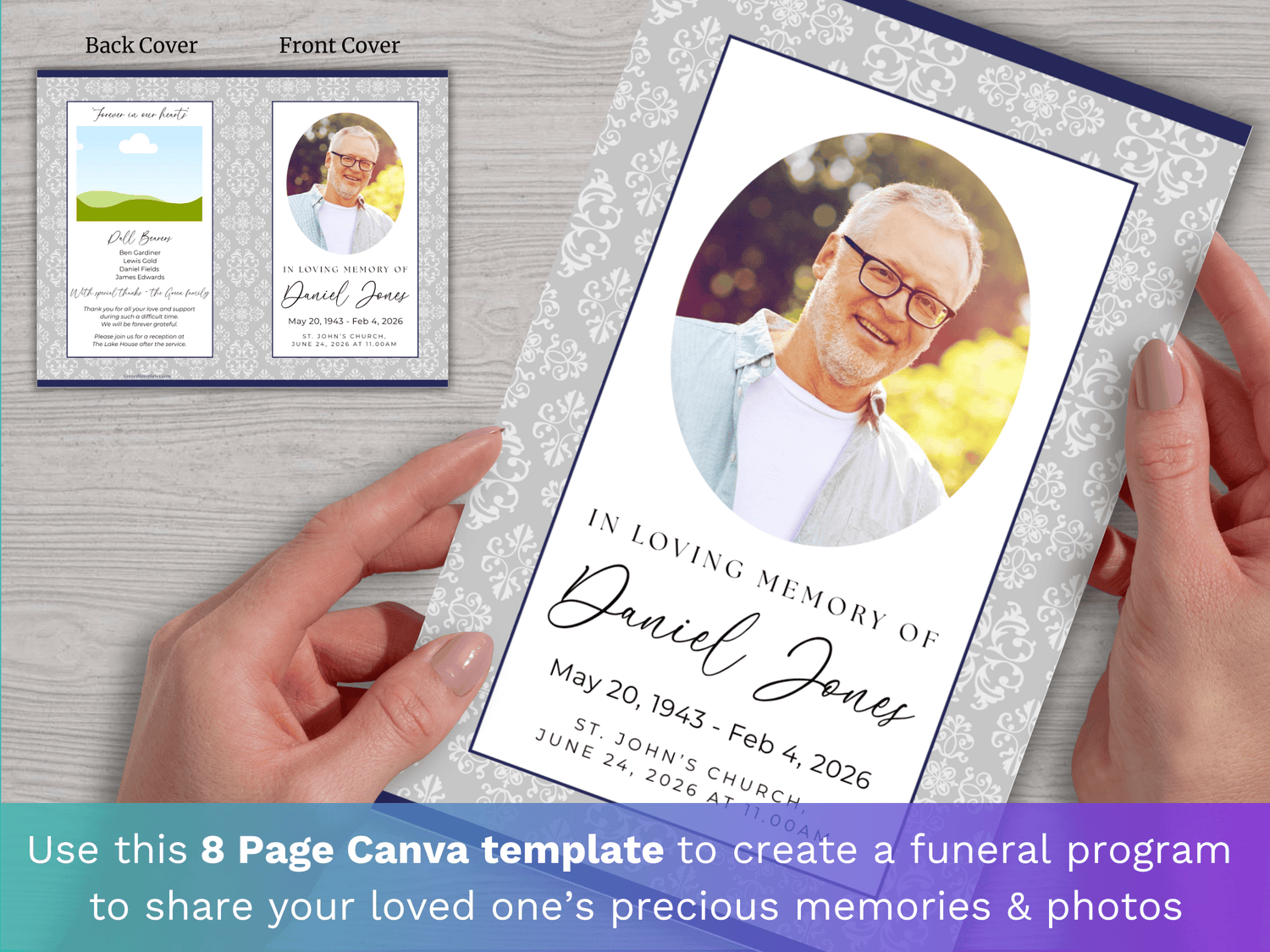 8 Page Grey Damask CANVA Funeral Program Template