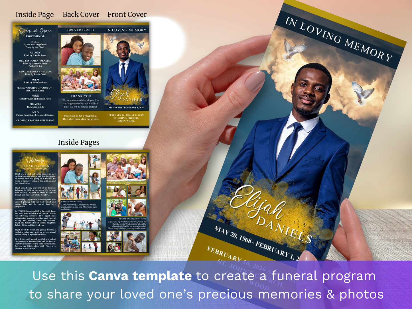 Trifold Gold Sky CANVA Funeral Program Template (Commercial License)