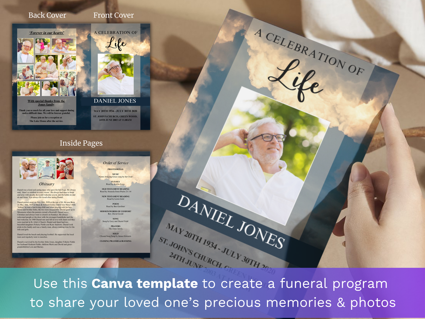 4 Page Sky CANVA Funeral Program Template