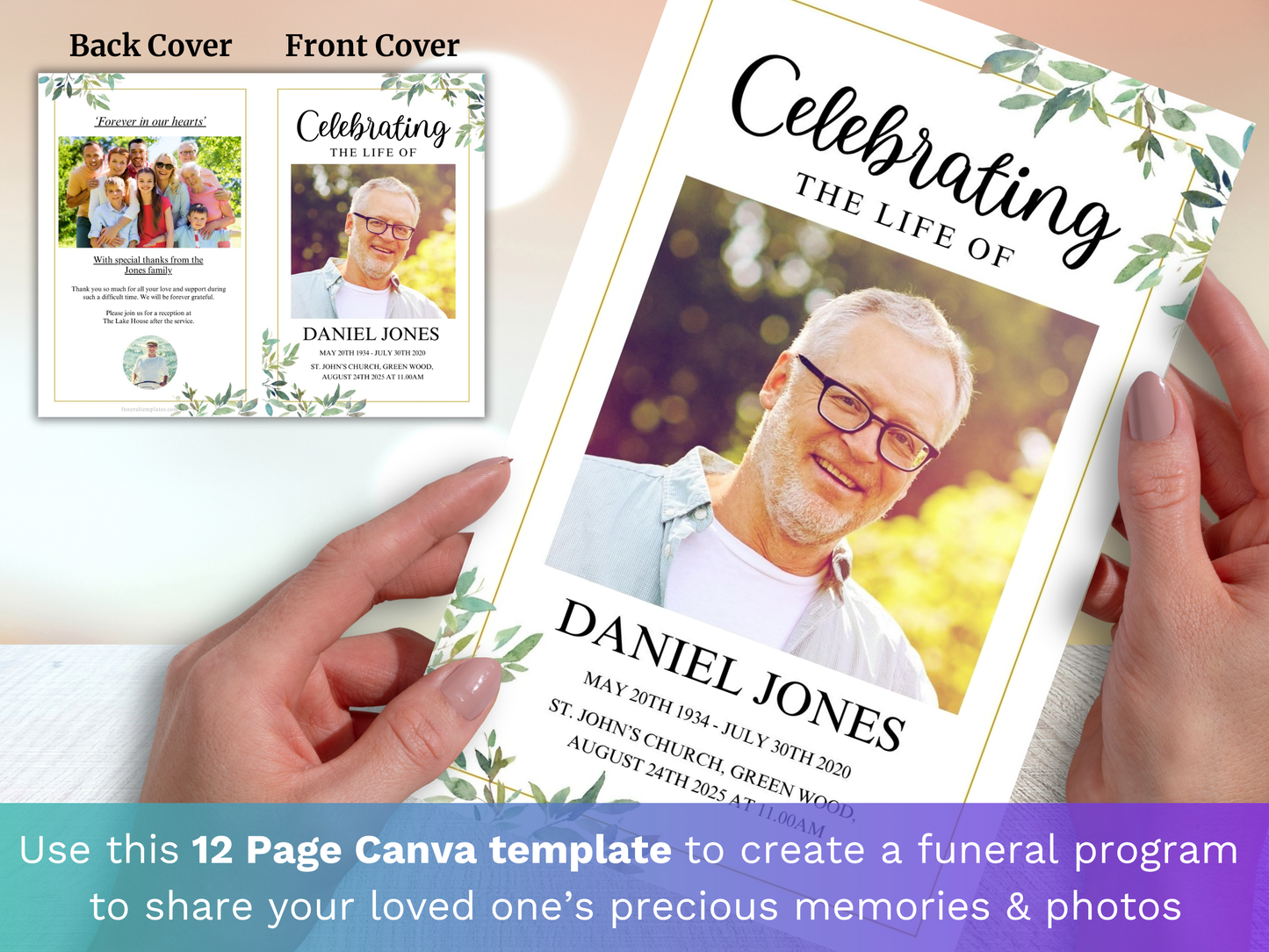 12 Page Green Leaf CANVA Funeral Program Template