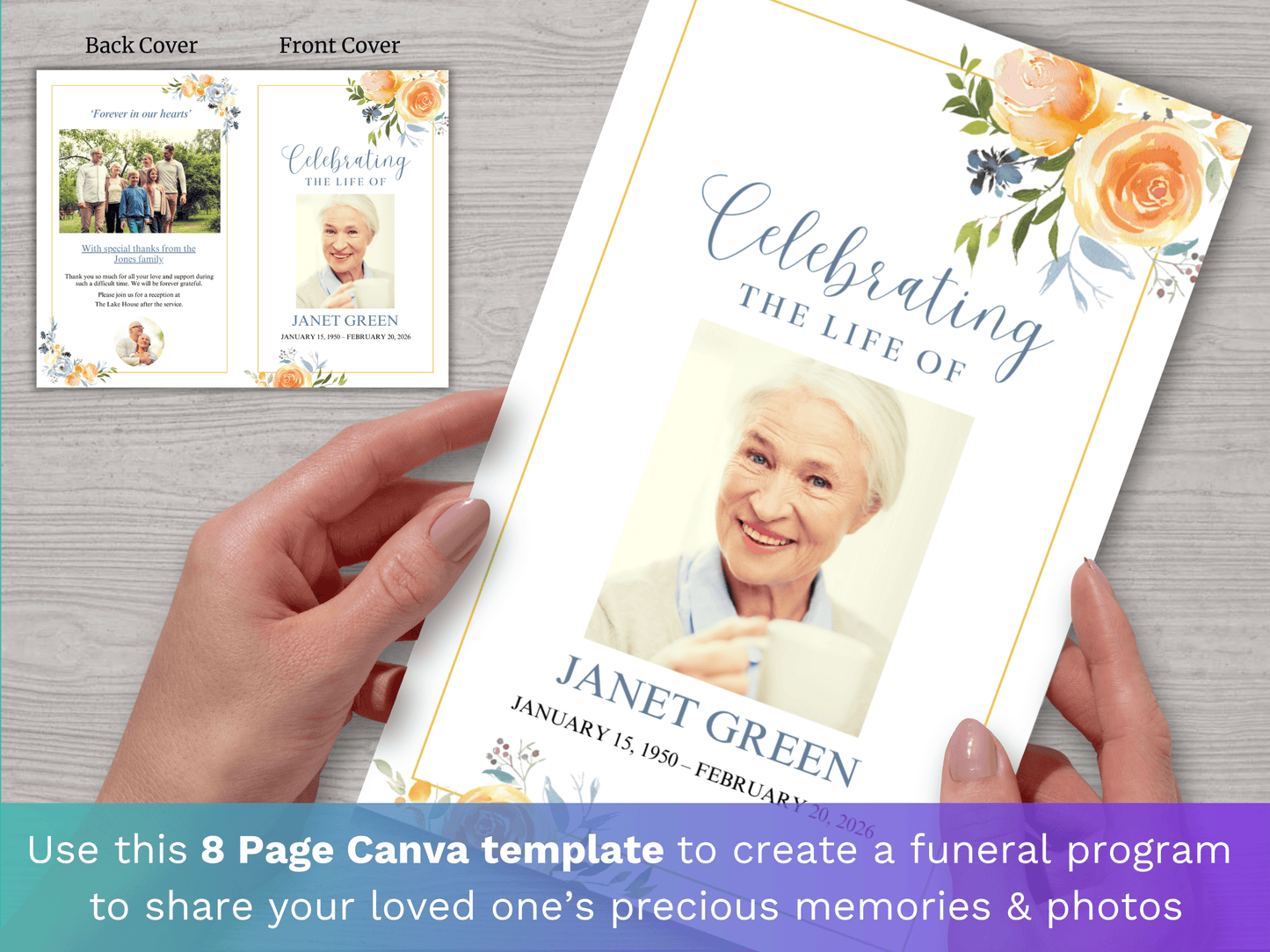 8 Page Yellow Roses CANVA Funeral Program Template