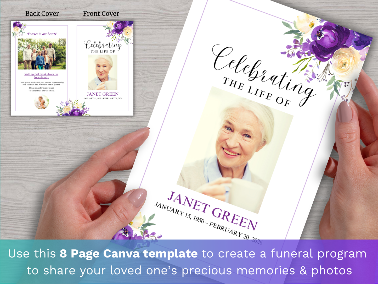 8 Page Purple Bloom CANVA Funeral Program Template