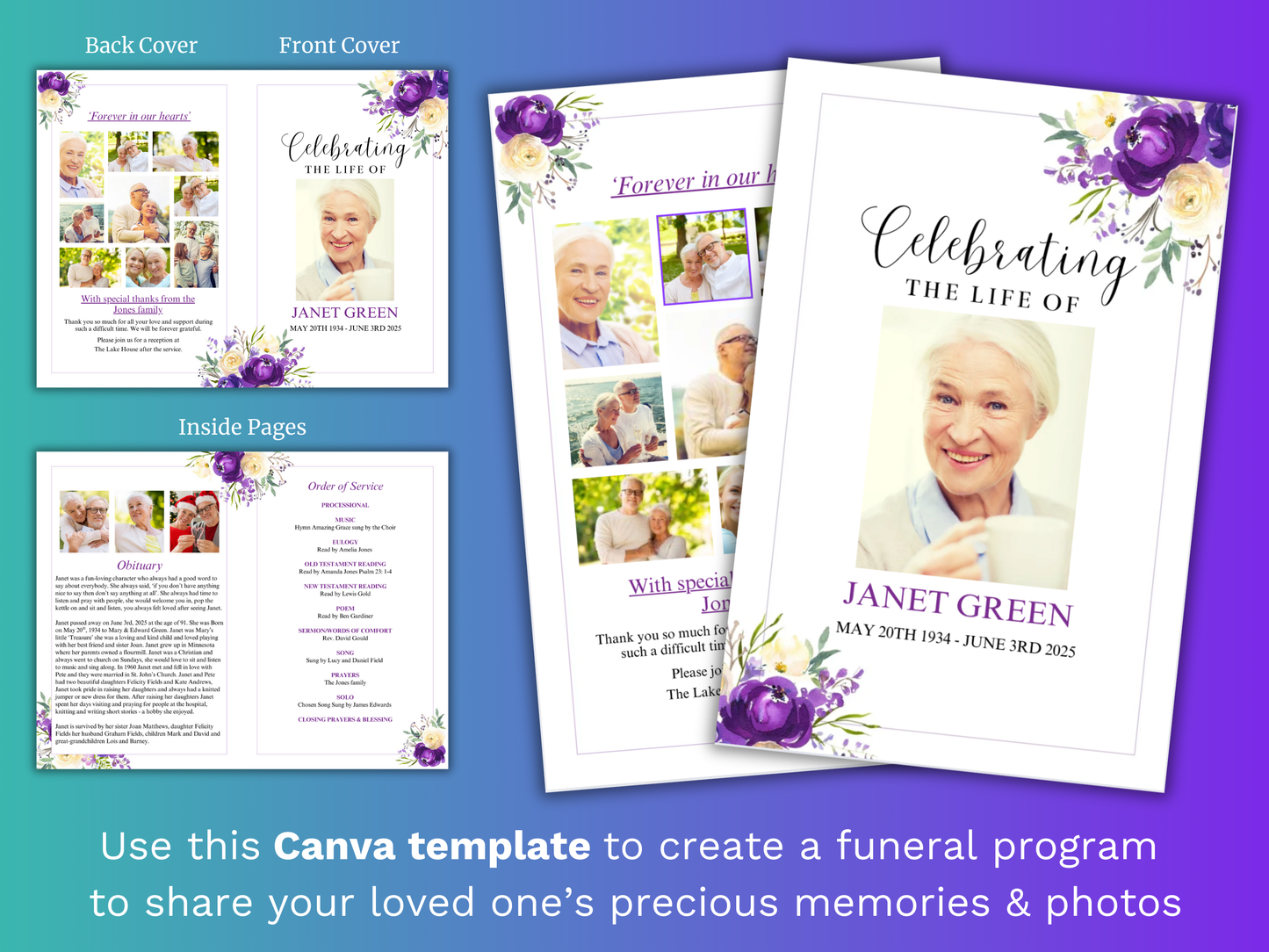 4 Page Purple Bloom CANVA Funeral Program Template