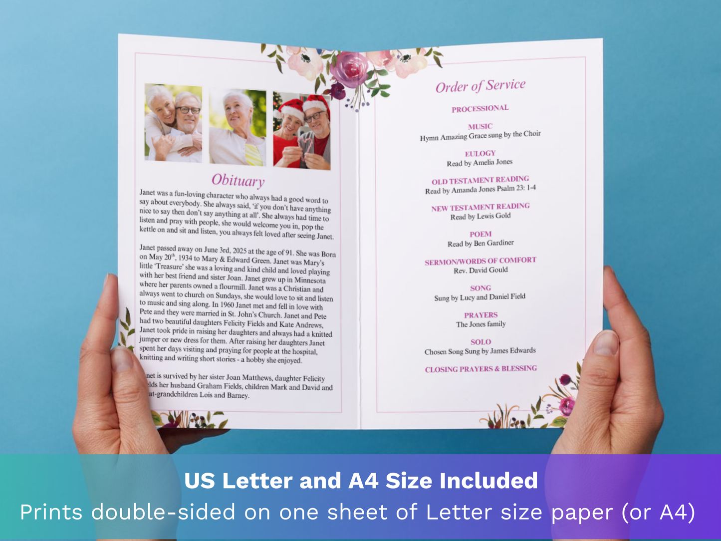 4 Page Floral Display CANVA Funeral Program Template