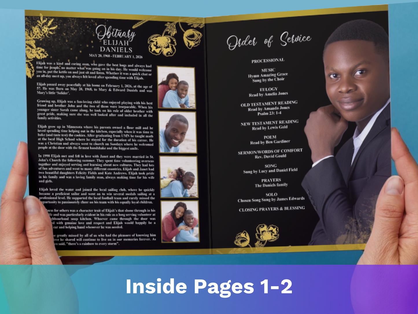 8 Page Black & Gold CANVA Funeral Program Template (11x17 inch)