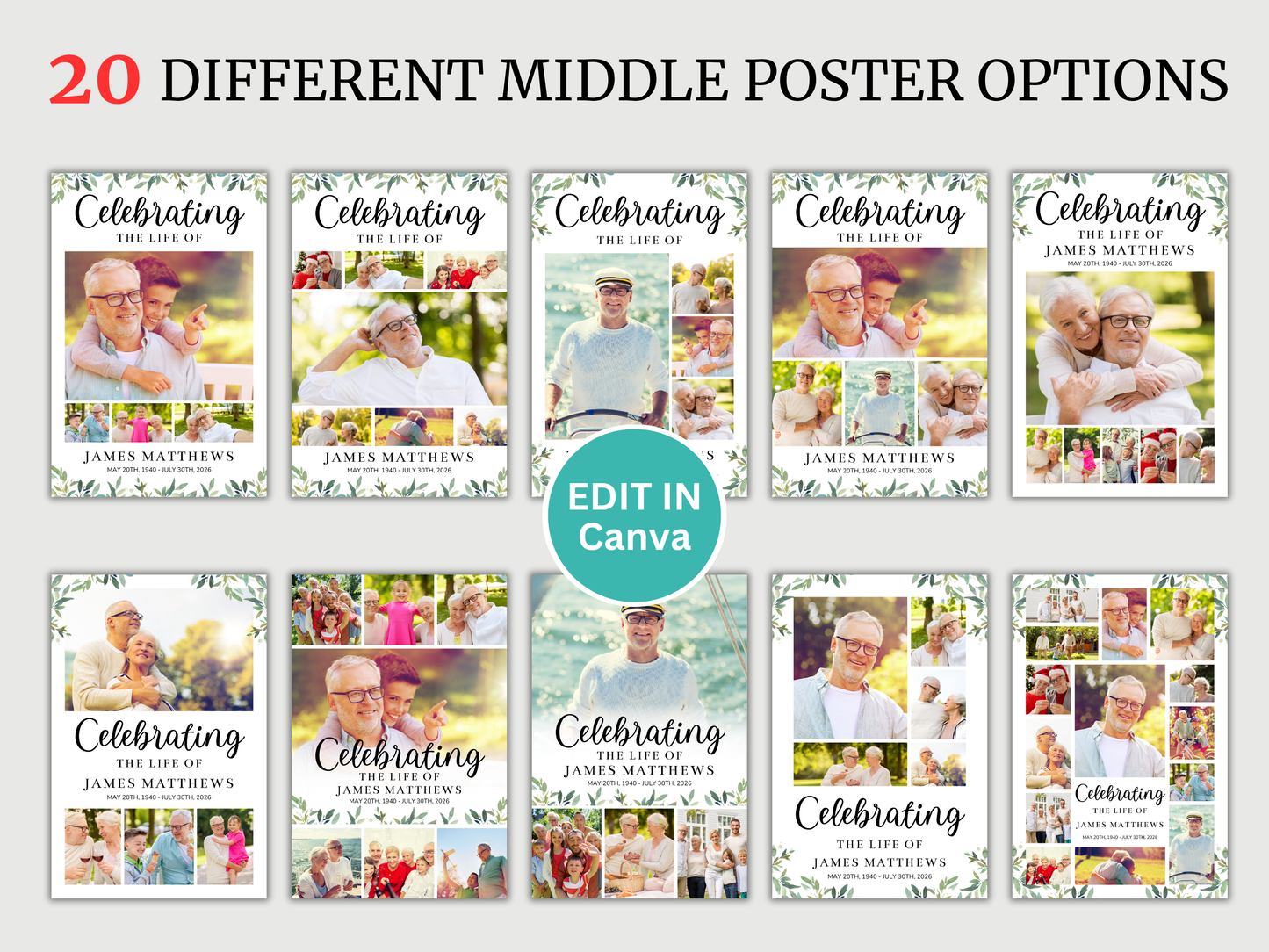 Green Leaf Funeral Poster Bundle (Canva Templates)