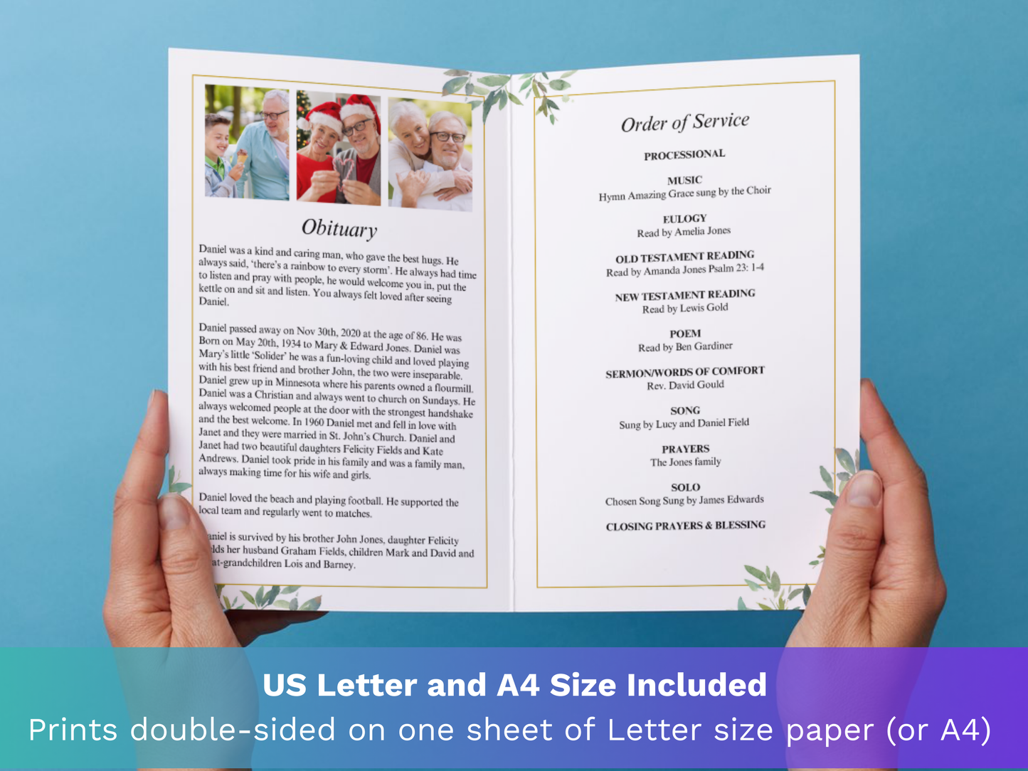4 Page Green Leaf CANVA Funeral Program Template