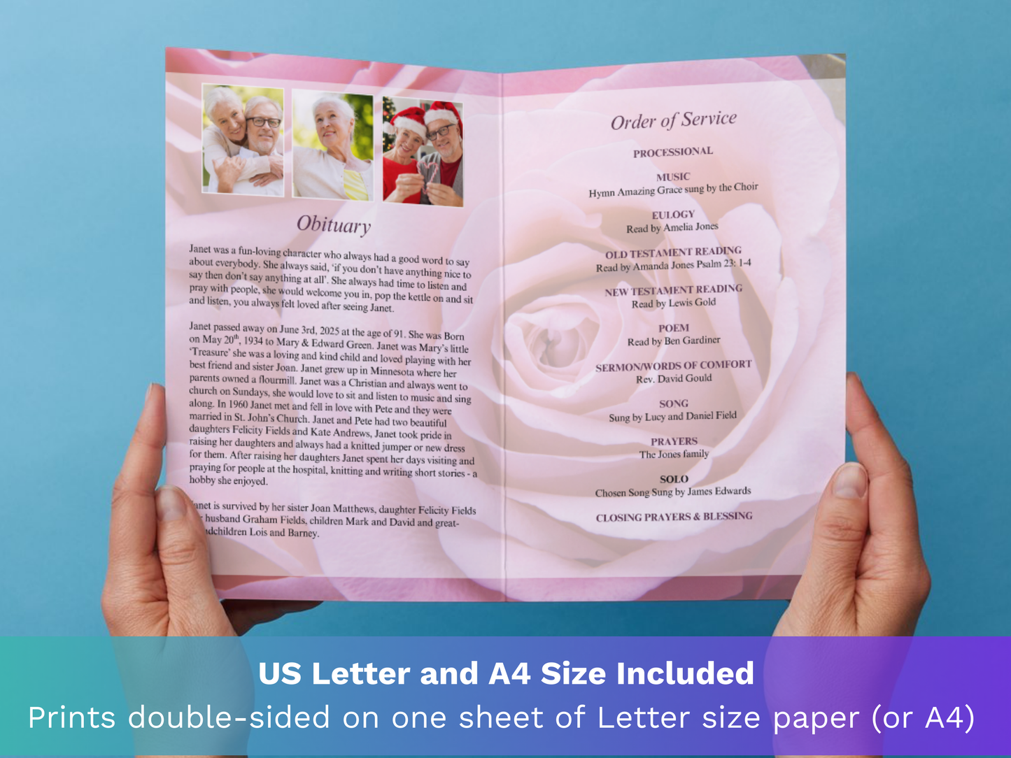4 Page Pink Rose CANVA Funeral Program Template