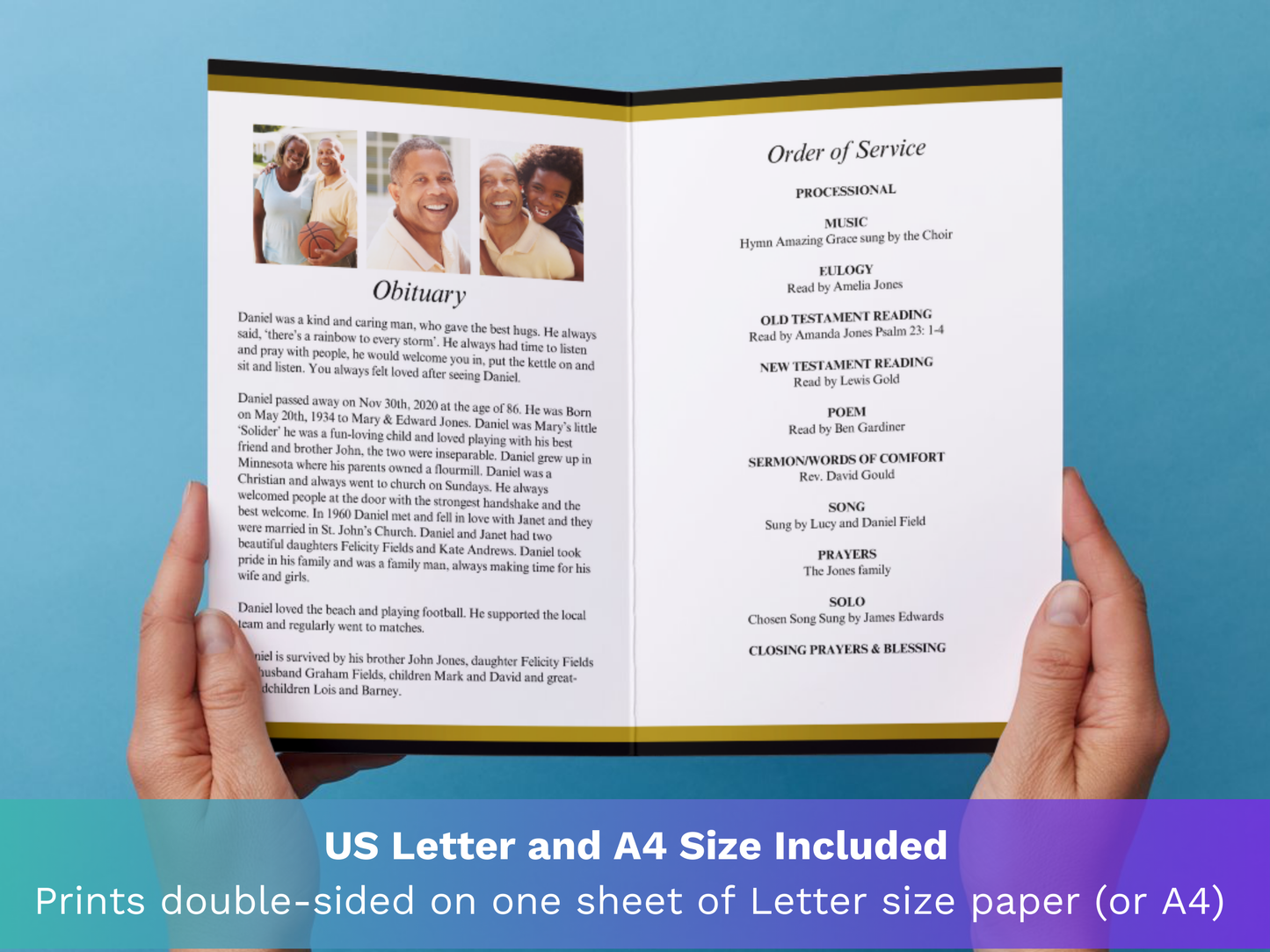 4 Page Golden CANVA Funeral Program Template