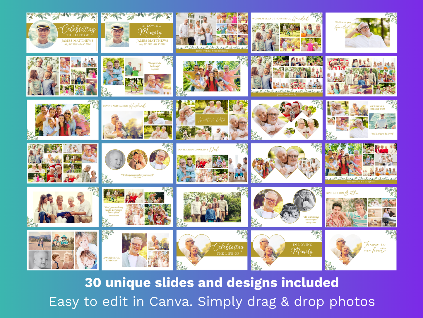 Canva Funeral Slideshow Template with Green Leaves