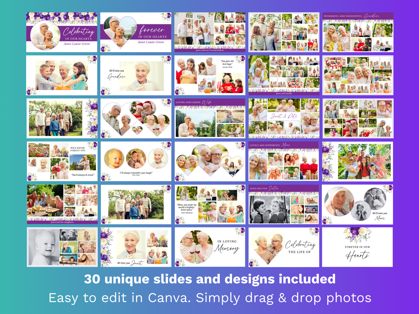 Canva Funeral Slideshow Template in Purple Bloom