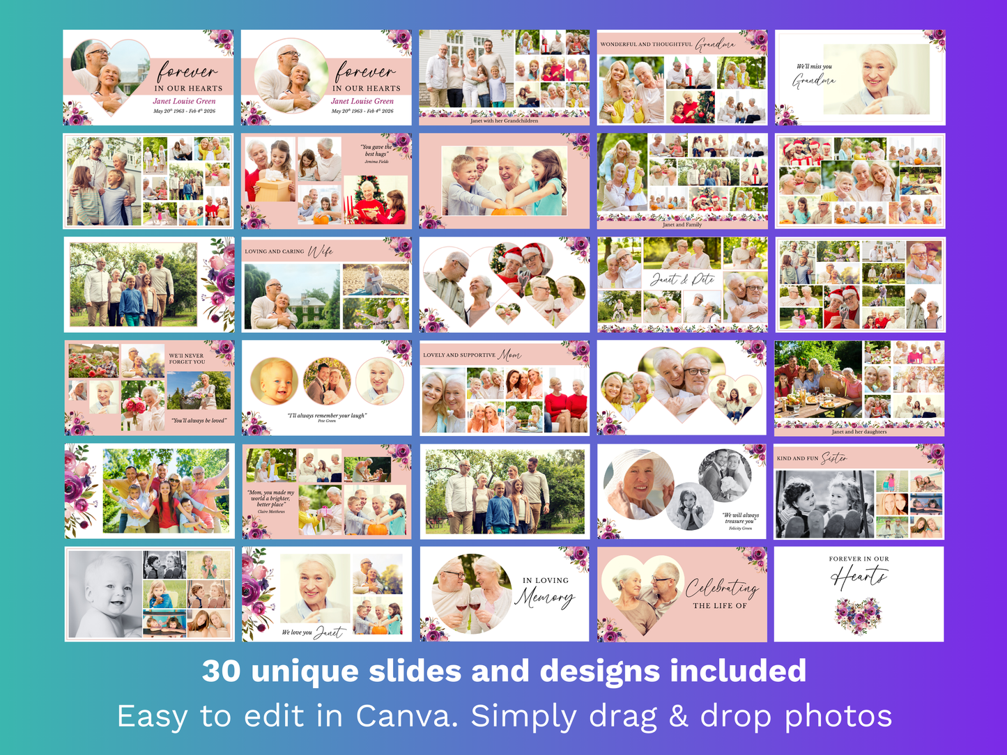 Canva Funeral Slideshow Template with Purple Roses