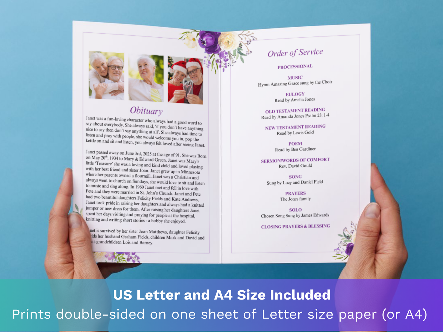 4 Page Purple Bloom CANVA Funeral Program Template