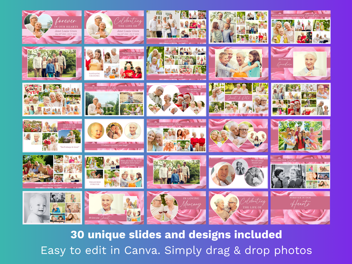 Canva Funeral Slideshow Template with Pink Roses
