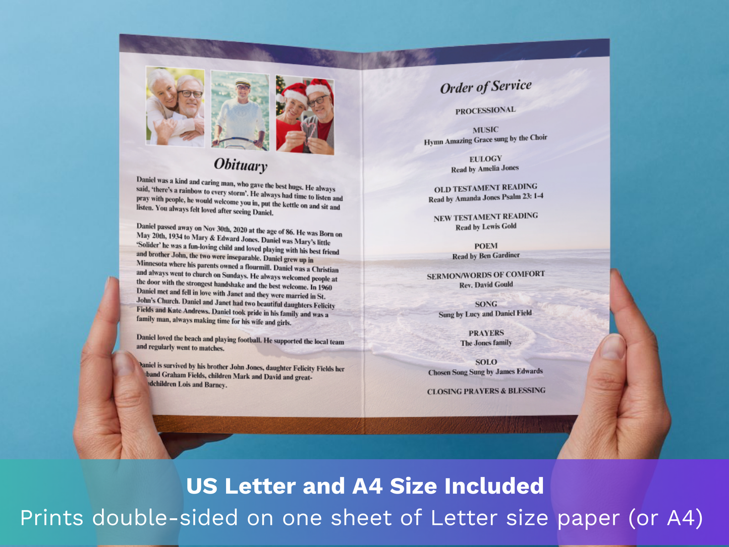 4 Page Waves CANVA Funeral Program Template
