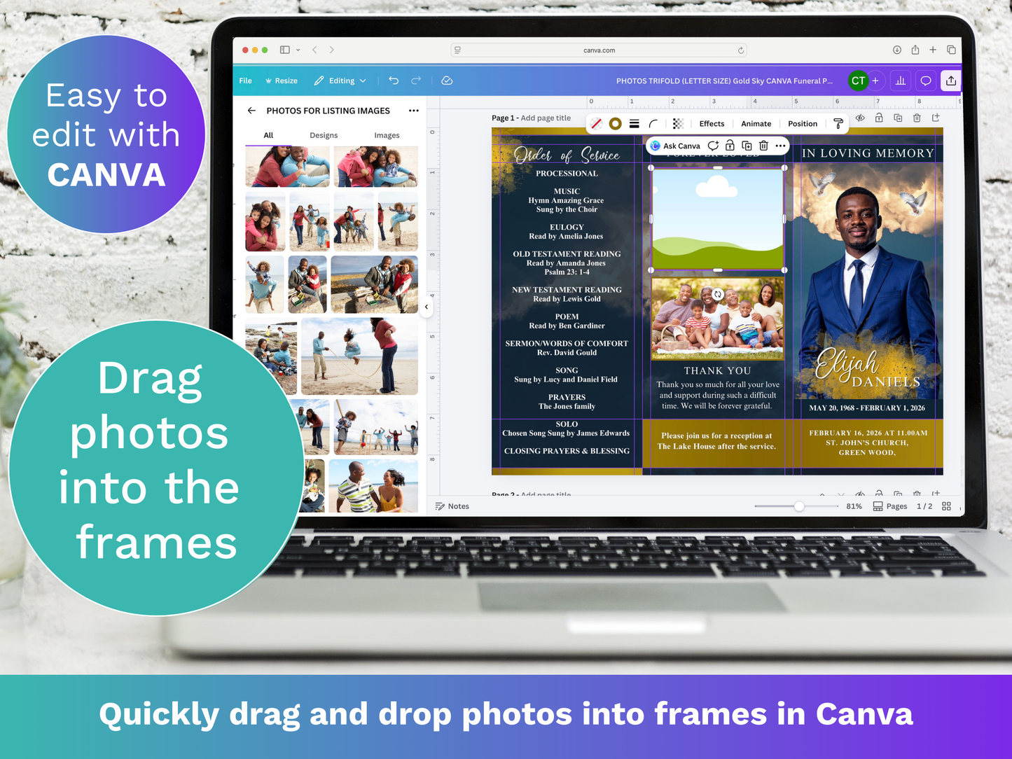 Trifold Gold Sky CANVA Funeral Program Template (Commercial License)