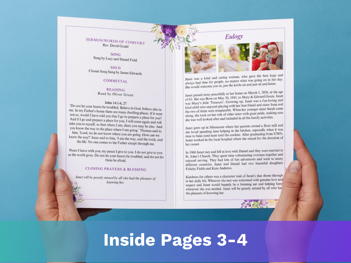 8 Page Purple Bloom CANVA Funeral Program Template