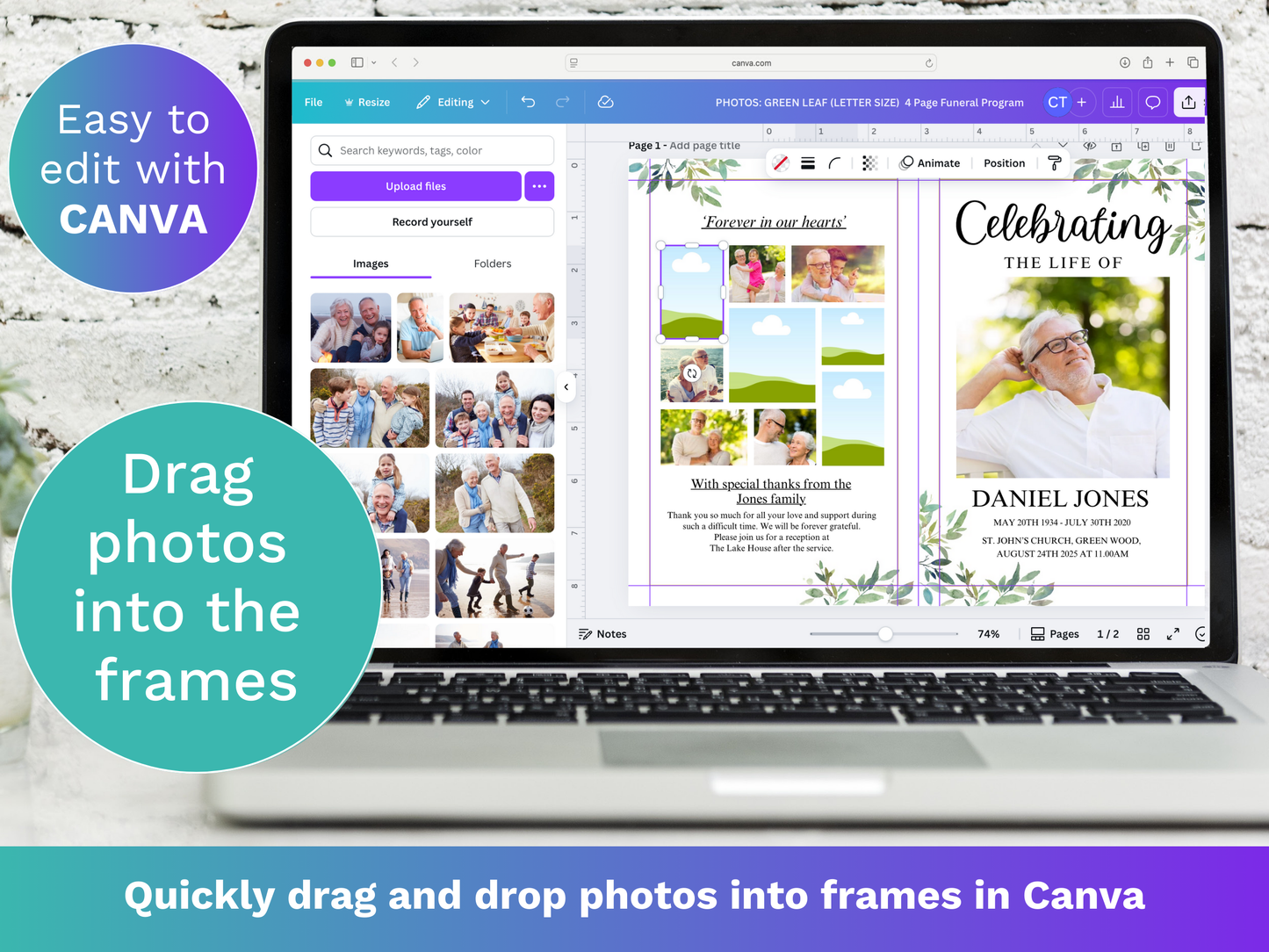 4 Page Green Leaf CANVA Funeral Program Template