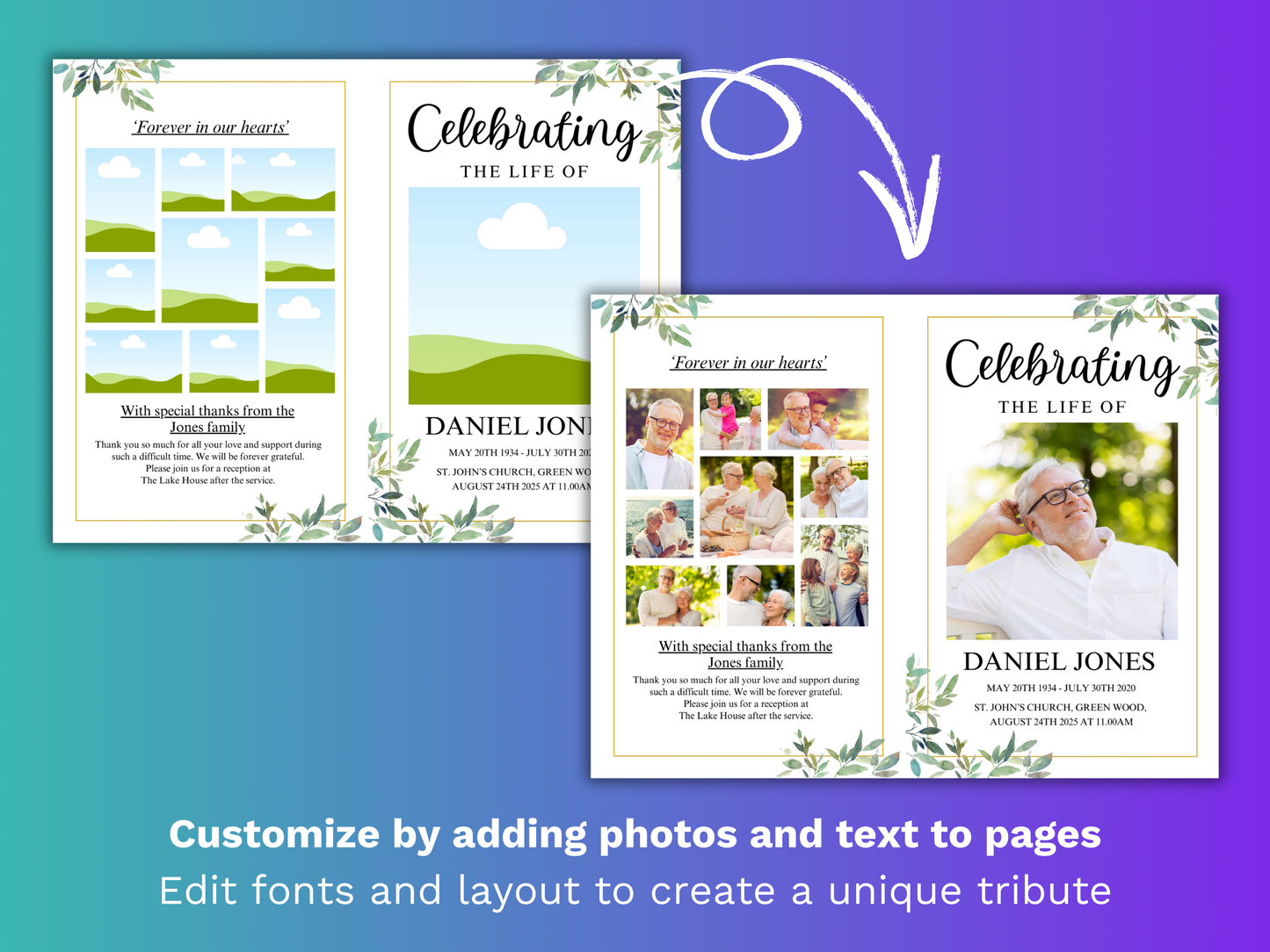 4 Page Green Leaf CANVA Funeral Program Template