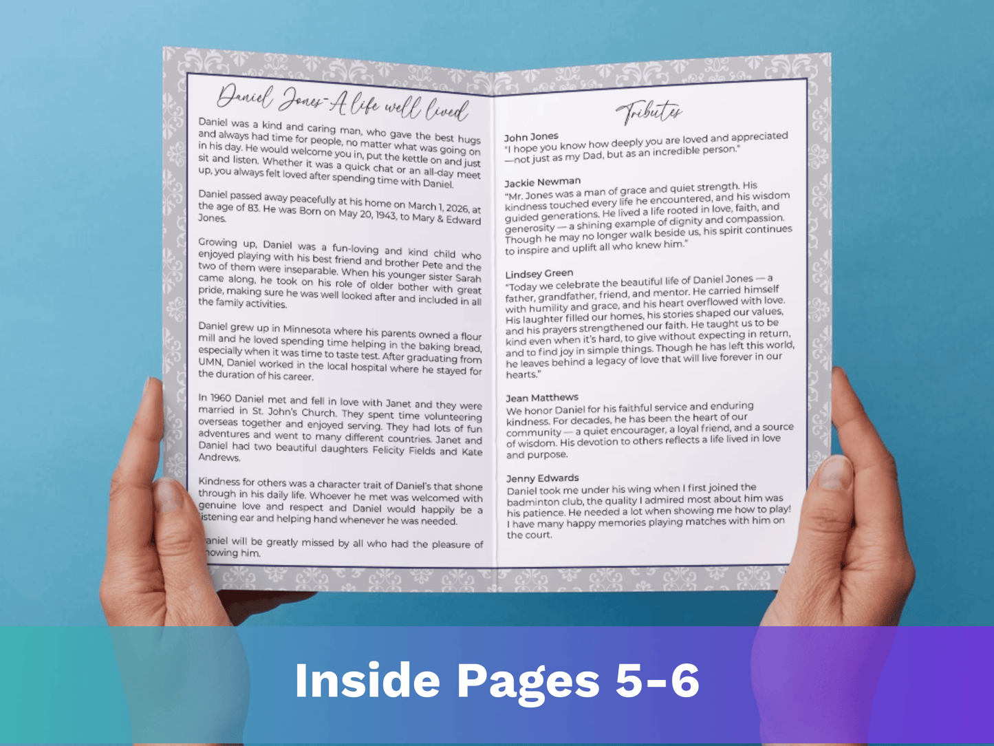 8 Page Grey Damask CANVA Funeral Program Template