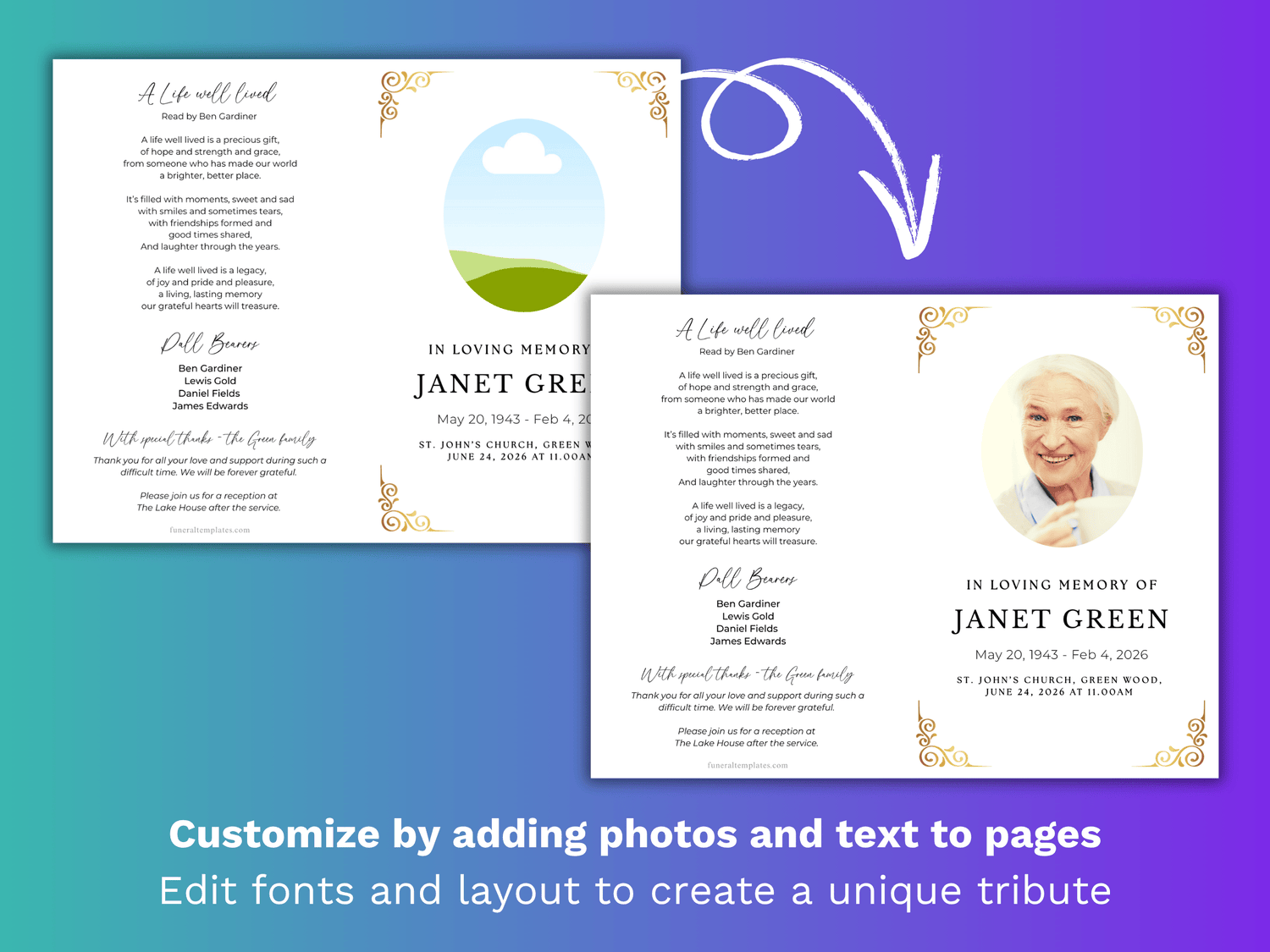 4 Page Gold Accents CANVA Funeral Program Template