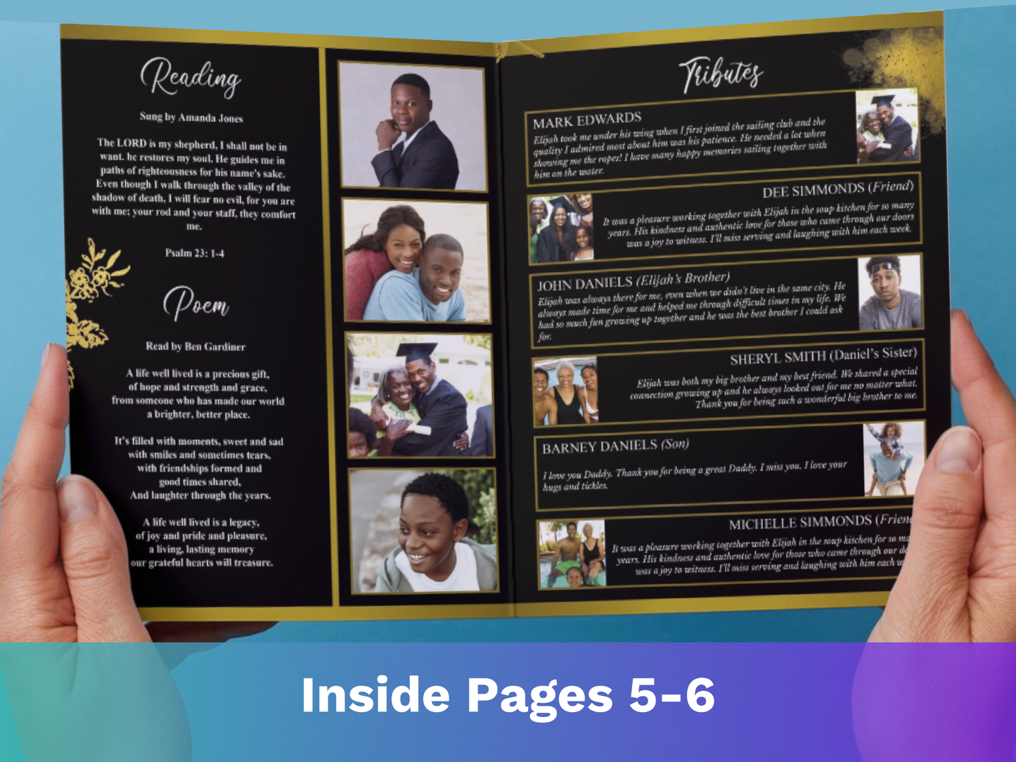 8 Page Black & Gold CANVA Funeral Program Template (11x17 inch)