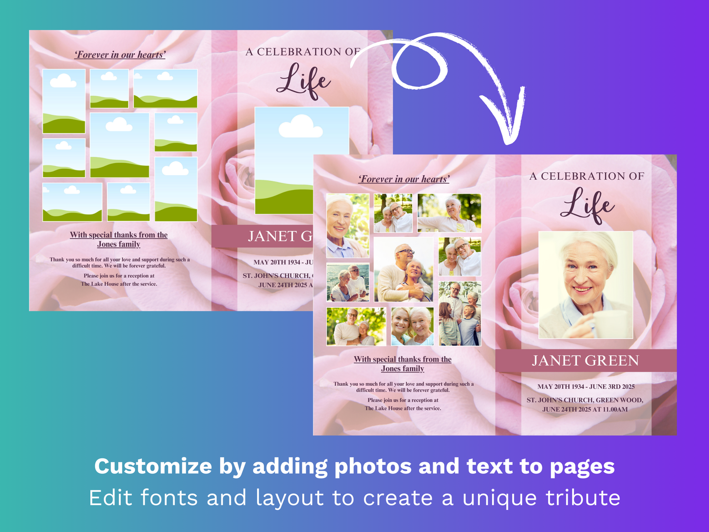 4 Page Pink Rose CANVA Funeral Program Template